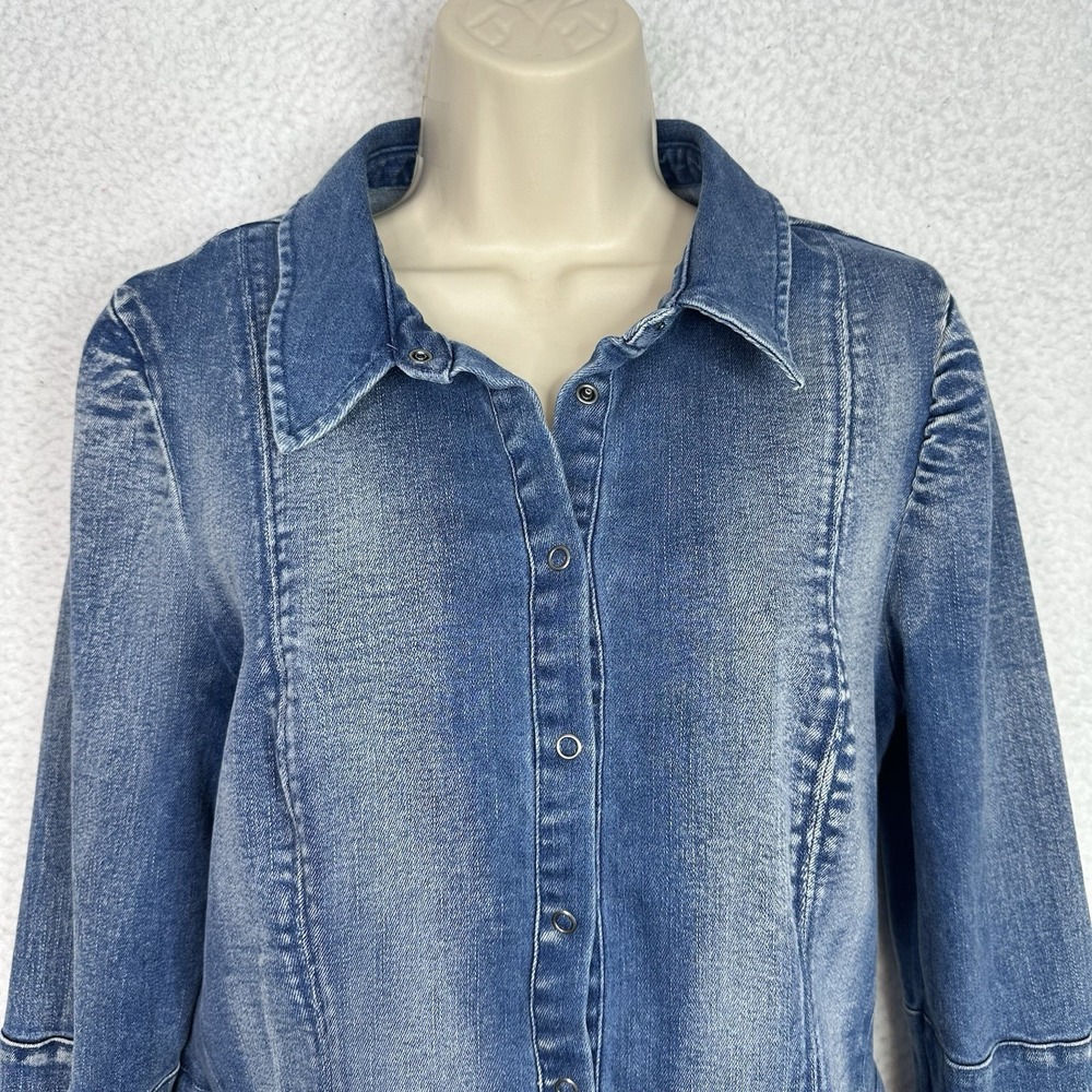 Free People Thea Denim Mini Dress Womens M Blue Snap Front A-Line Long Sleeve - Picture 3 of 14